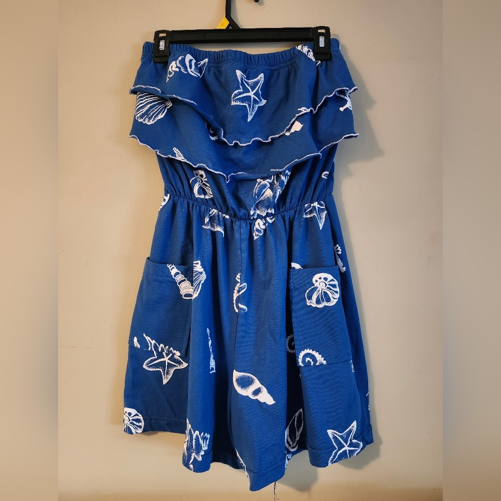 Blue Romper with White Seashell Print
